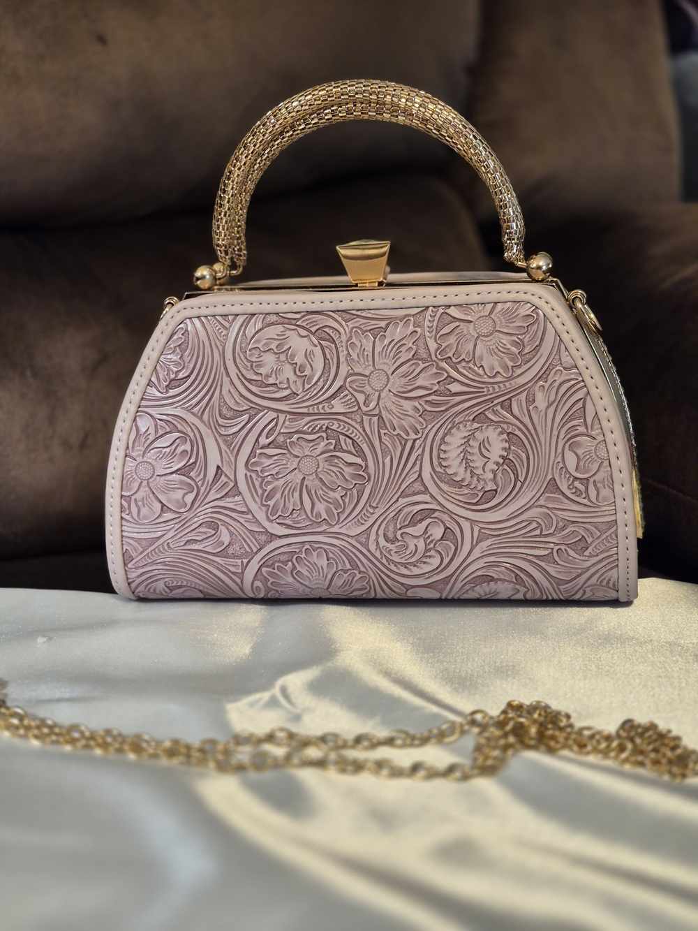 Structured Floral-Embossed Shoulder Bag in Lavender With Gold Hardware